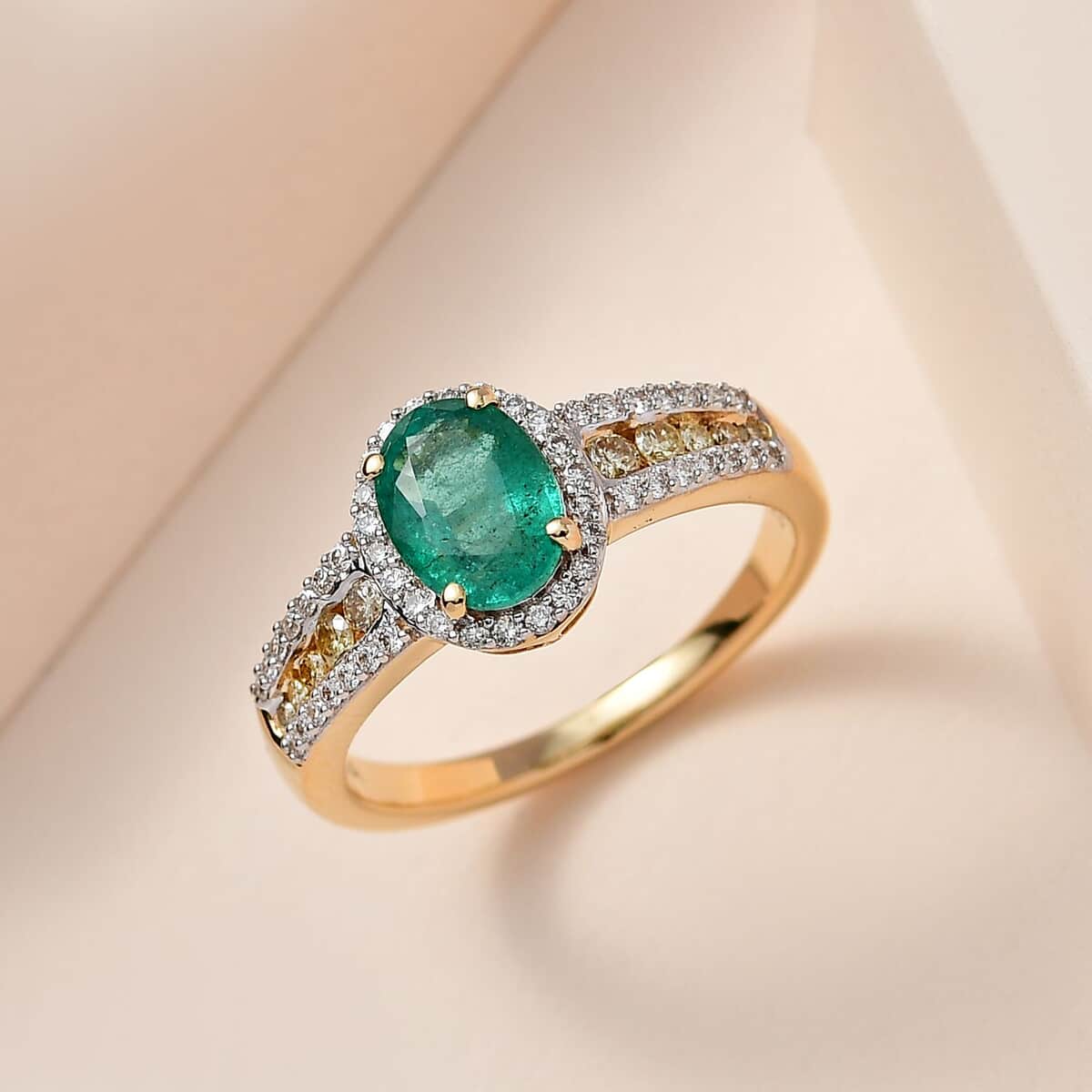 Doorbuster Iliana 18K Yellow Gold AAA Kagem Zambian Emerald and I1-I2 Natural Yellow and White Diamond Ring 4.10 Grams 1.60 ctw image number 1