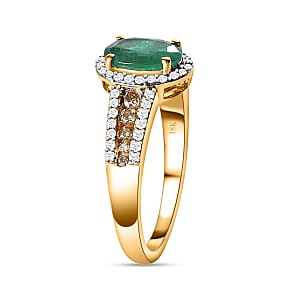 Iliana 18K Yellow Gold AAA Kagem Zambian Emerald and I1-I2 Natural Yellow and White Diamond Ring (Size 7.0) 4.10 Grams 1.60 ctw