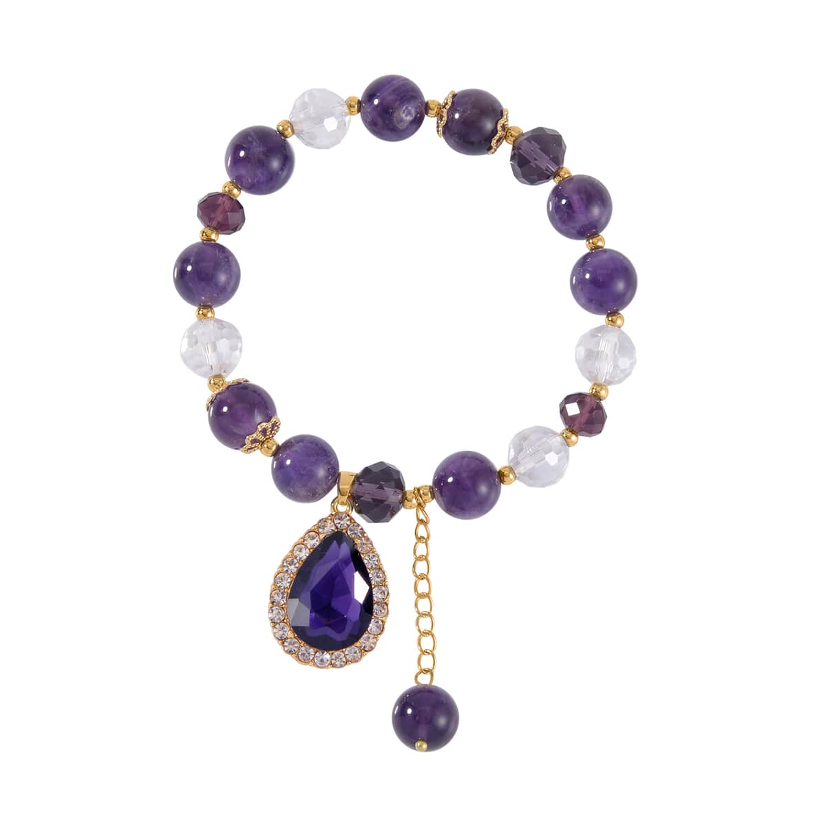 Simulated Purple Sapphire, Amethyst and Austrian Crystal Beaded Stretch Bracelet with Charm in Goldtone 75.00 ctw image number 0