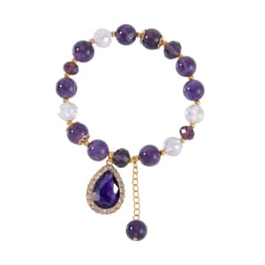 Simulated Purple Sapphire, Amethyst and Austrian Crystal Beaded Stretch Bracelet with Charm in Goldtone 75.00 ctw