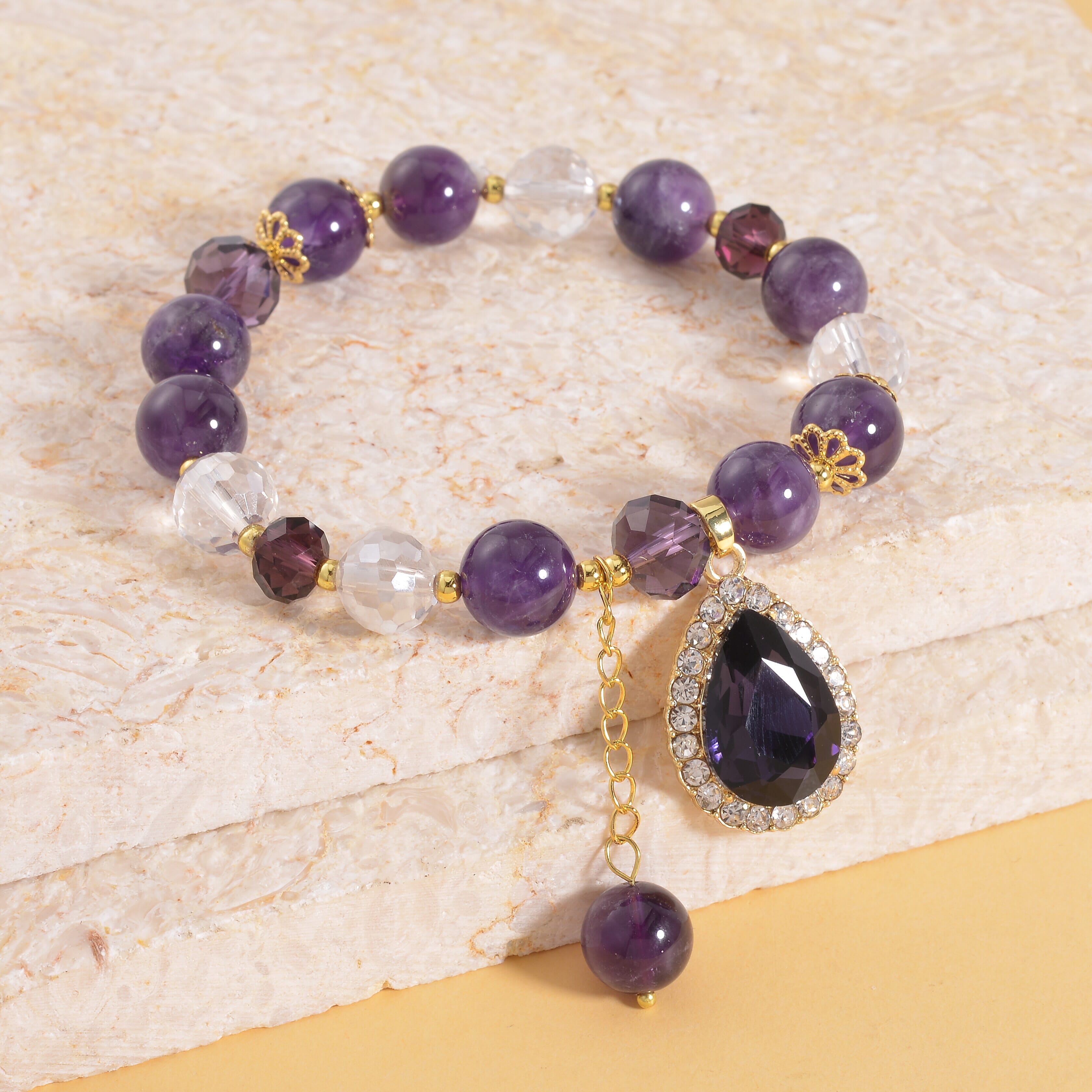 Simulated Purple Sapphire, Amethyst and Austrian Crystal Beaded Stretch Bracelet with Charm in Goldtone 75.00 ctw