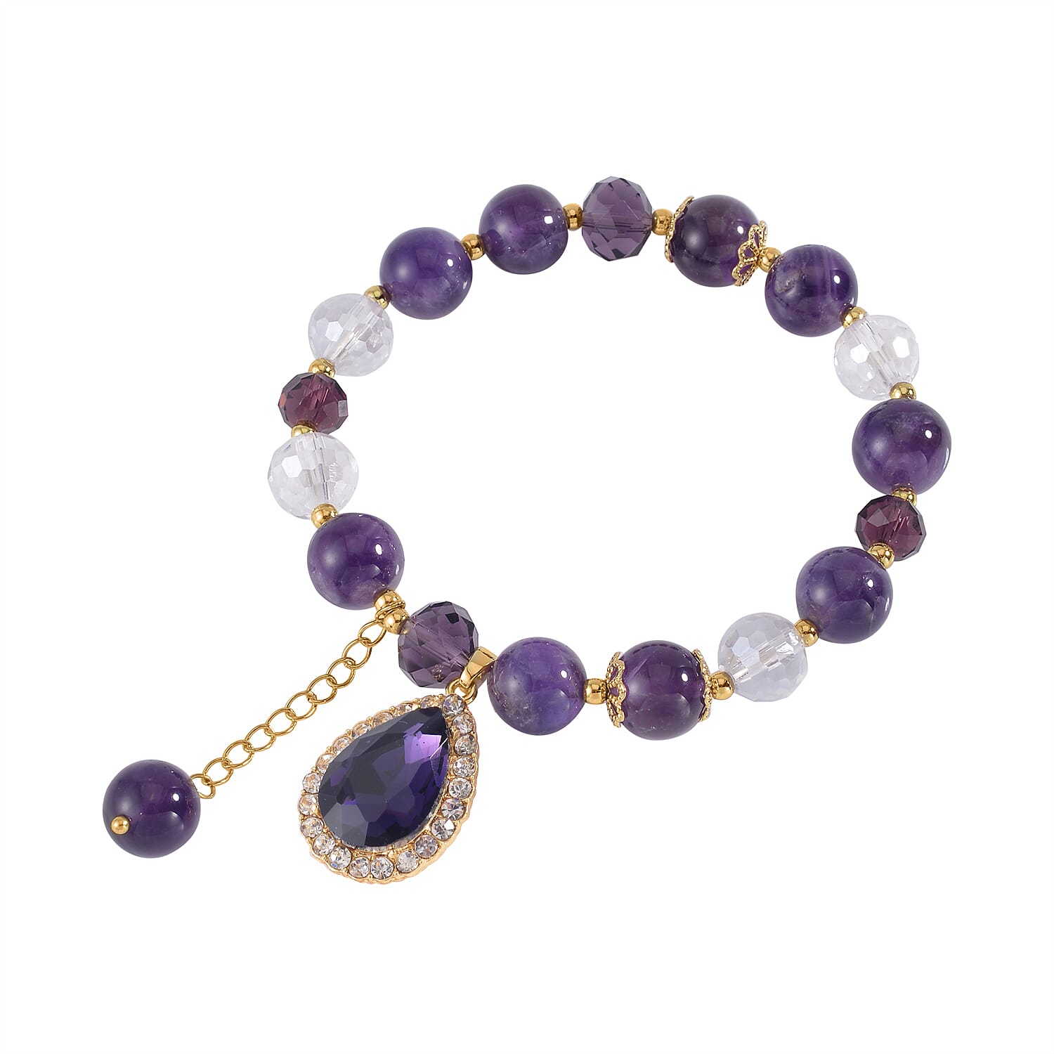 Simulated Purple Sapphire, Amethyst and Austrian Crystal Beaded Stretch Bracelet with Charm in Goldtone 75.00 ctw