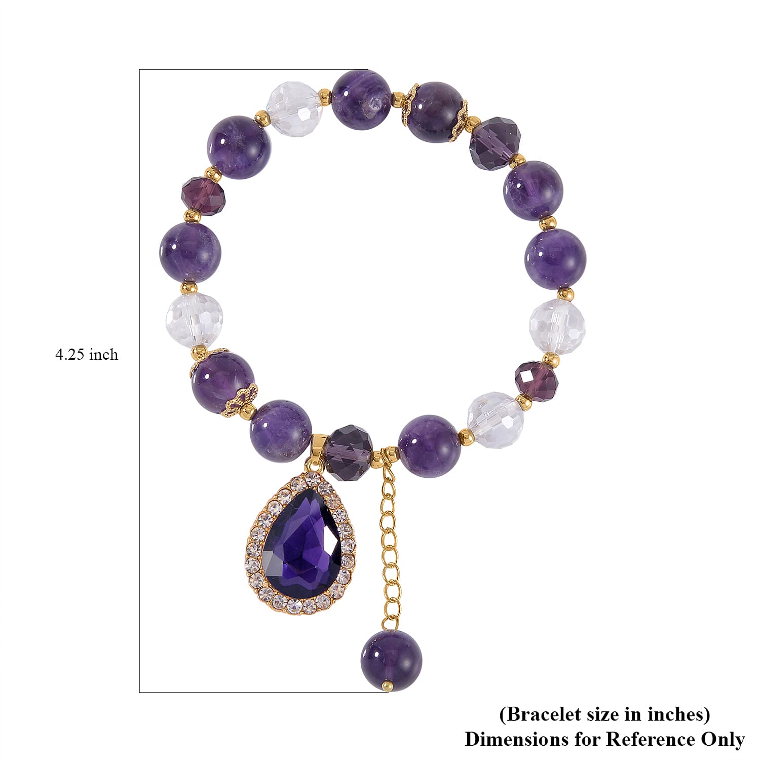 Simulated Purple Sapphire, Amethyst and Austrian Crystal Beaded Stretch Bracelet with Charm in Goldtone 75.00 ctw
