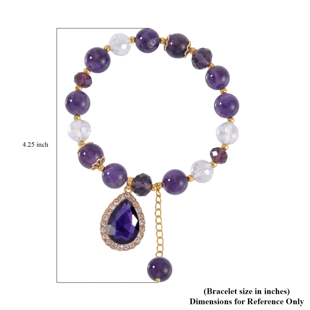 Simulated Purple Sapphire, Amethyst and Austrian Crystal Beaded Stretch Bracelet with Charm in Goldtone 75.00 ctw image number 3