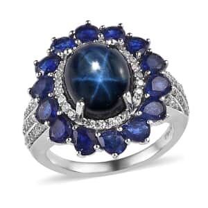 Blue Star Sapphire (DF) and Multi Gemstone Floral Ring in Platinum Over Sterling Silver (Size 6.0) 10.20 ctw