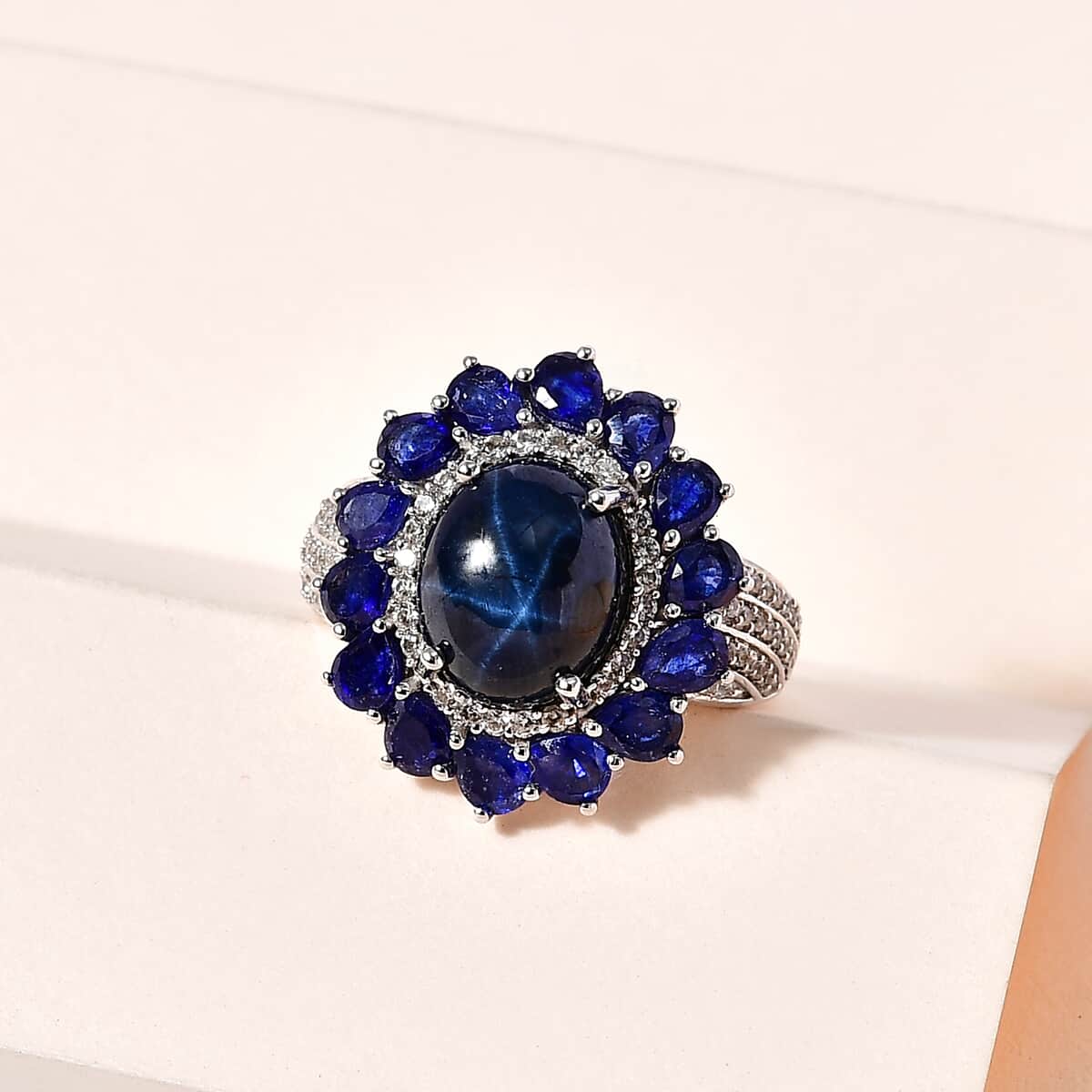 Blue Star Sapphire (DF) and Multi Gemstone Floral Ring in Platinum Over Sterling Silver (Size 6.0) 10.20 ctw image number 1