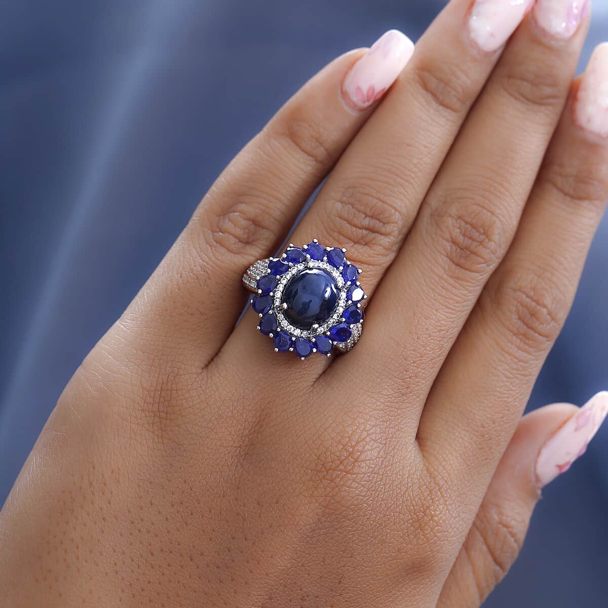 Blue Star Sapphire (DF) and Multi Gemstone Floral Ring in Platinum Over Sterling Silver (Size 6.0) 10.20 ctw image number 2