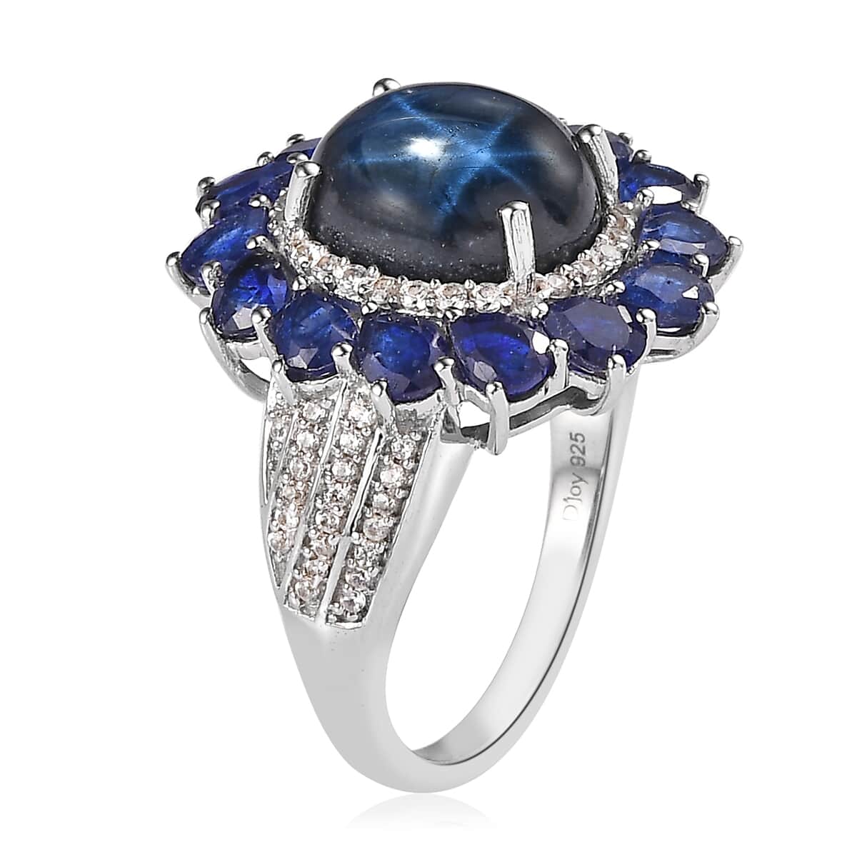Blue Star Sapphire (DF) and Multi Gemstone Floral Ring in Platinum Over Sterling Silver (Size 6.0) 10.20 ctw image number 3