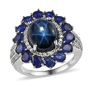 Blue Star Sapphire (DF) and Multi Gemstone Floral Ring in Platinum Over Sterling Silver (Size 7.0) 10.20 ctw