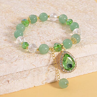 Simulated Emerald, Green Aventurine and Austrian Crystal Beaded Stretch Bracelet with Charm in Goldtone 62.65 ctw