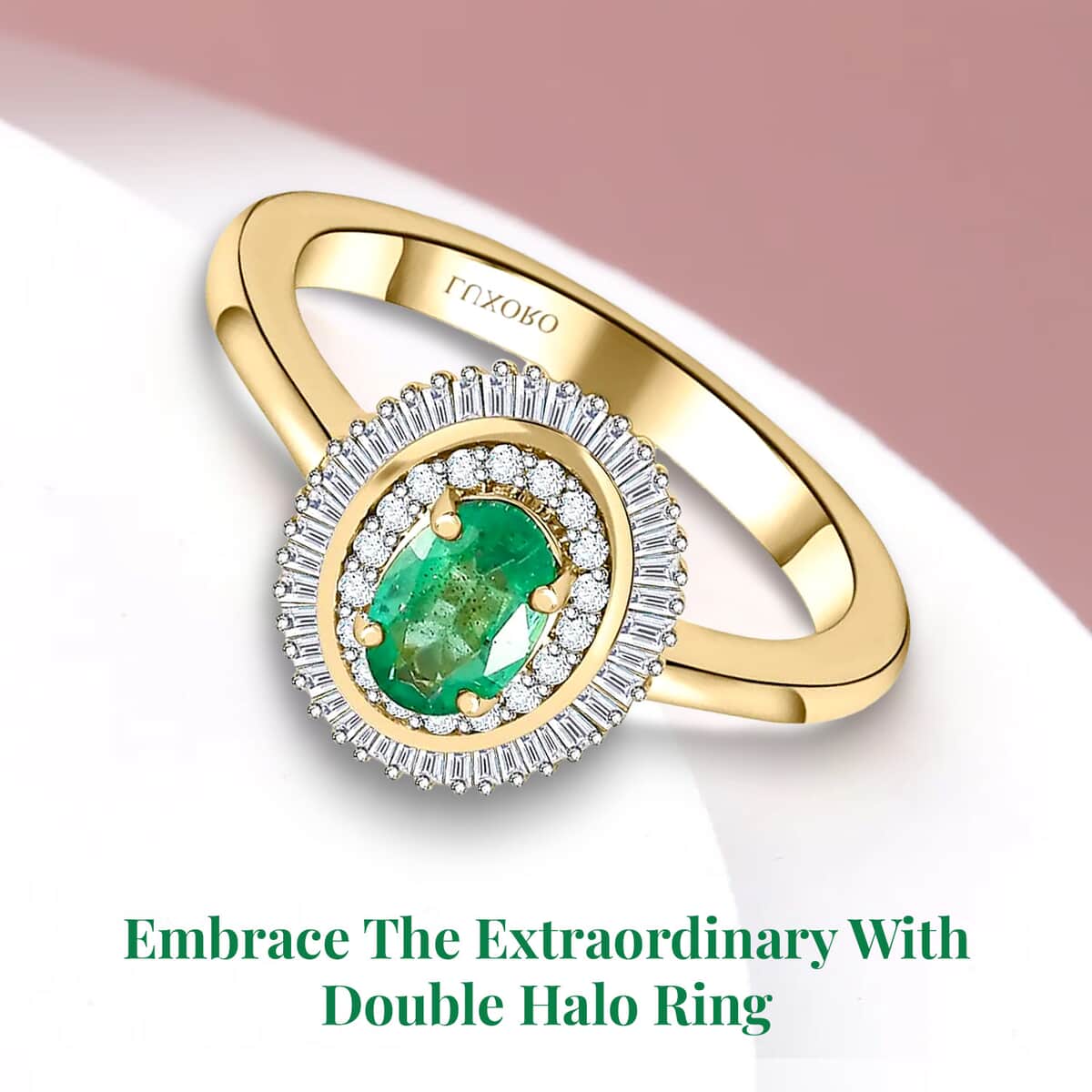 Luxoro 10K Yellow Gold AAA Kagem Zambian Emerald and Diamond Double Halo Ring (Size 9.0) 1.10 ctw image number 2