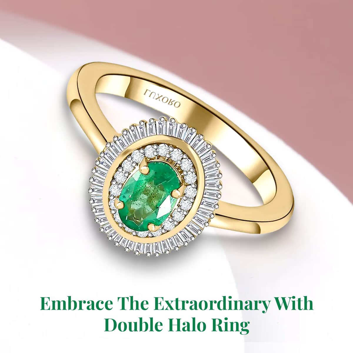 Luxoro 10K Yellow Gold AAA Kagem Zambian Emerald, Diamond (0.30 cts) Double Halo Ring (Size 9.0) (Del. in 7-10 Days) 1.10 ctw image number 2