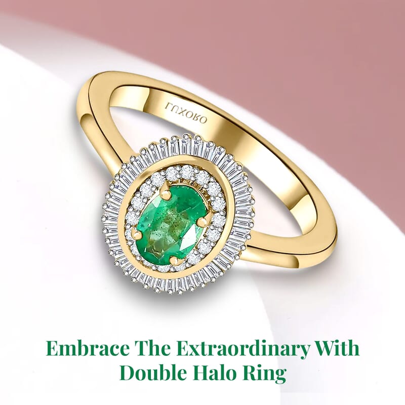 Luxoro AAA Kagem Zambian Emerald and Diamond 1.10 ctw Double Halo Ring in 10K Yellow Gold (Size 9.0)
