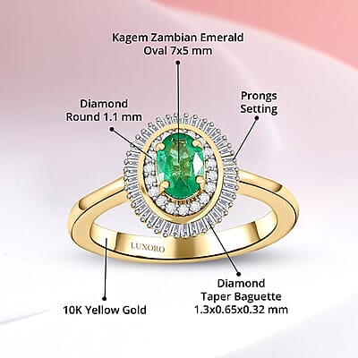 Luxoro AAA Kagem Zambian Emerald and Diamond 1.10 ctw Double Halo Ring in 10K Yellow Gold (Size 9.0)