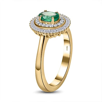 Luxoro AAA Kagem Zambian Emerald and Diamond 1.10 ctw Double Halo Ring in 10K Yellow Gold (Size 9.0)