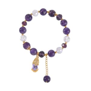 African Amethyst, Purple and White Glass, Simulated Black and White Diamond Bracelet with Charm in Goldtone 75.20 ctw