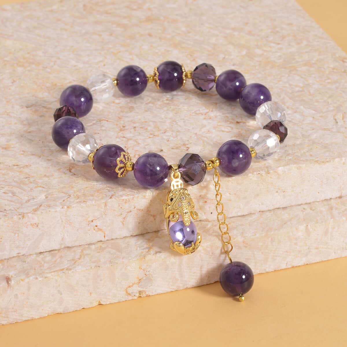 African Amethyst, Purple and White Glass, Simulated Black and White Diamond Bracelet with Charm in Goldtone 75.20 ctw image number 1