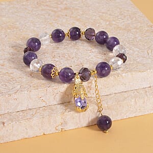 African Amethyst, Purple and White Glass, Simulated Black and White Diamond 75.20 ctw Bracelet with Charm in Goldtone