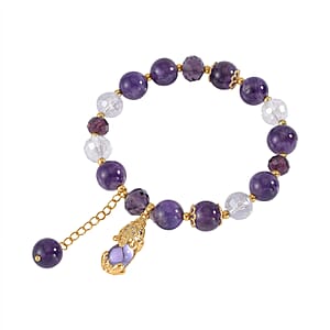 African Amethyst, Purple and White Glass, Simulated Black and White Diamond 75.20 ctw Bracelet with Charm in Goldtone