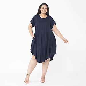 Tamsy Navy Blue Color 100% Rayon Dress with Short Sleeve, Machine Washable Relaxed Fit Solid Dress For Women - One Size Missy
