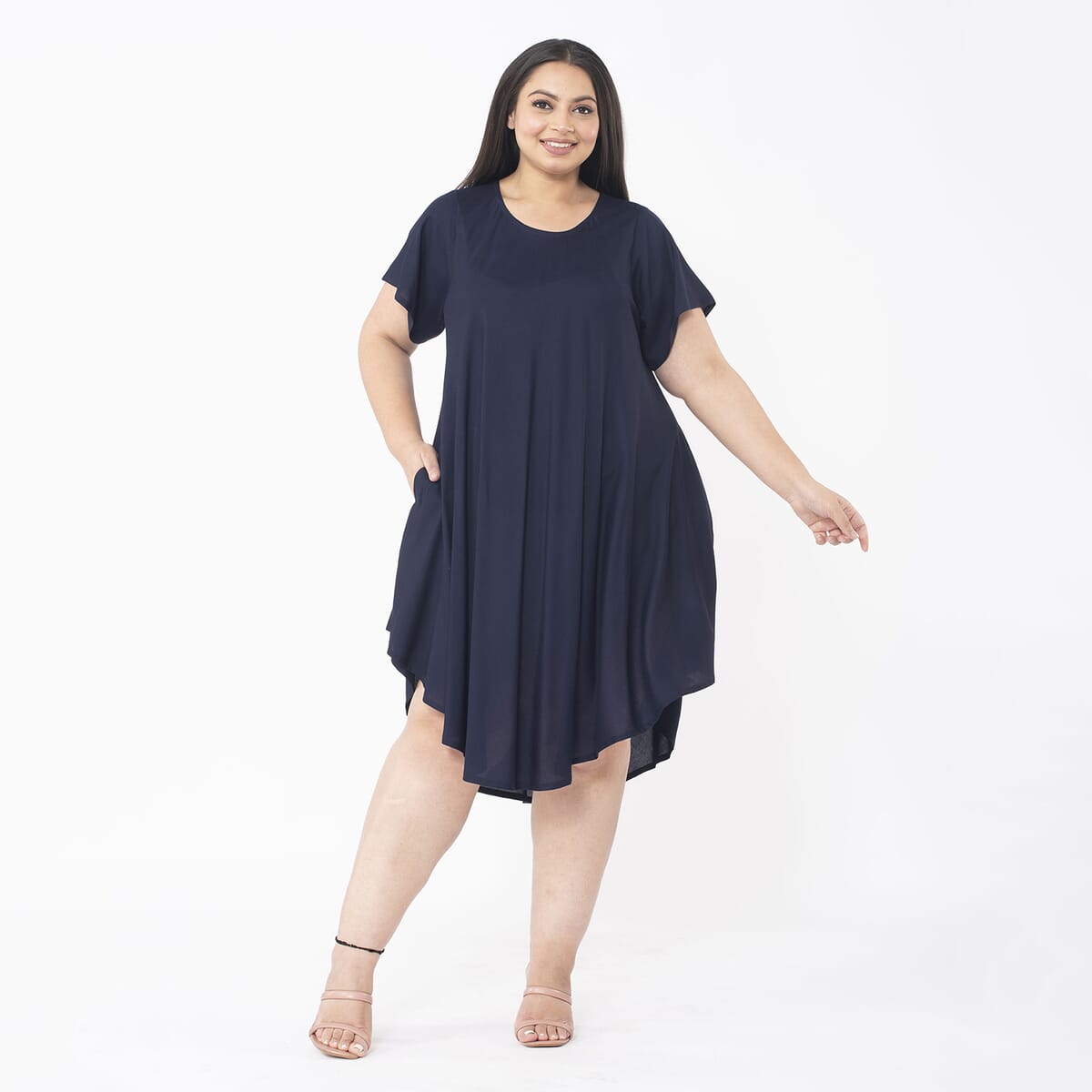 Tamsy Navy Blue Color 100% Rayon Dress with Short Sleeve, Machine Washable Relaxed Fit Solid Dress For Women - One Size Plus image number 0