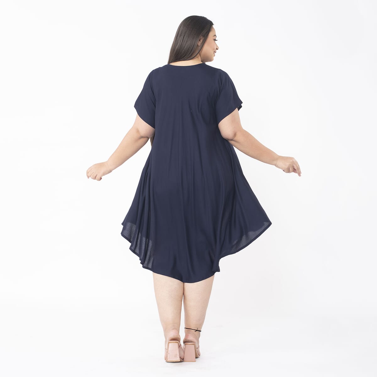 Tamsy Navy Blue Color 100% Rayon Dress with Short Sleeve, Machine Washable Relaxed Fit Solid Dress For Women - One Size Plus image number 1