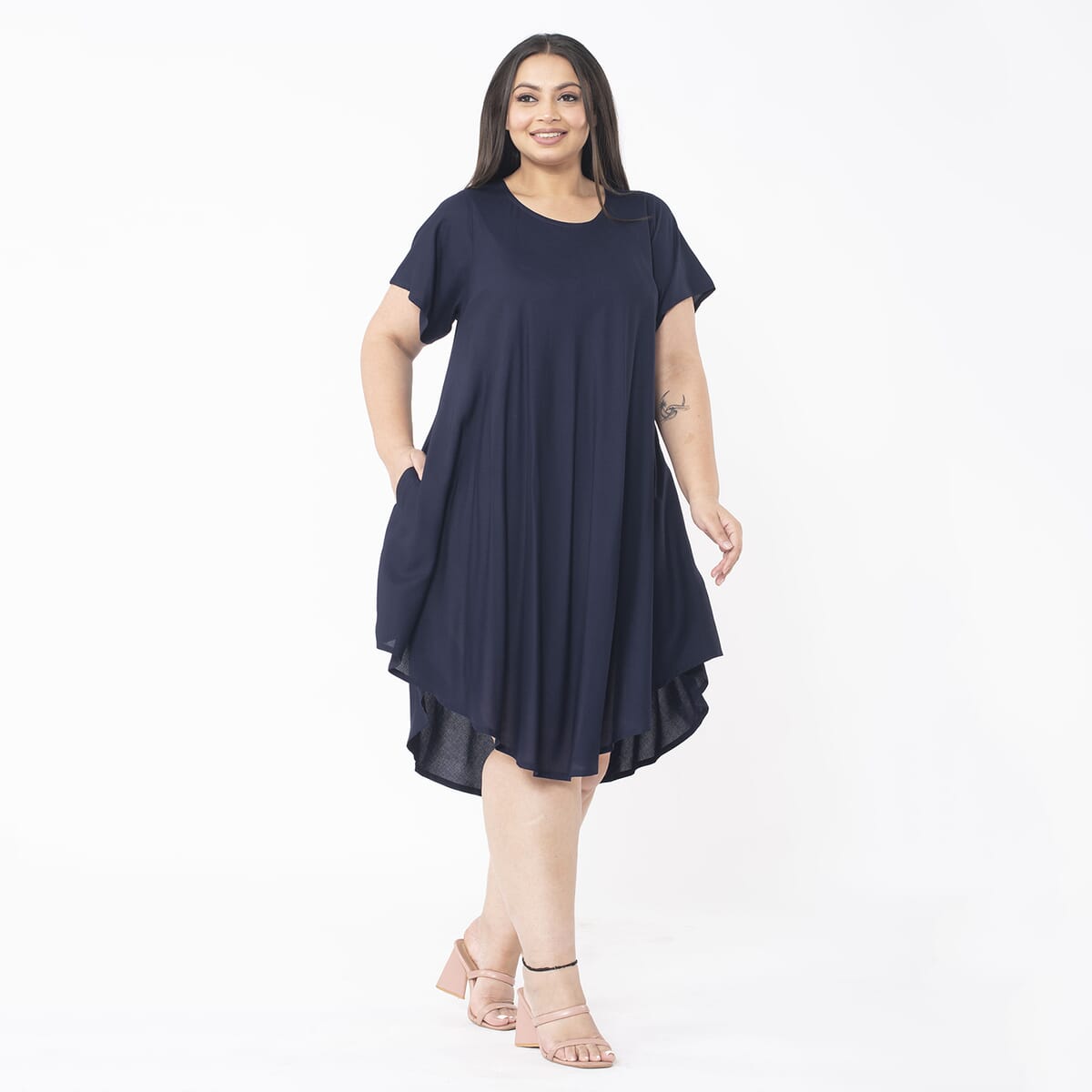 Tamsy Navy Blue Color 100% Rayon Dress with Short Sleeve, Machine Washable Relaxed Fit Solid Dress For Women - One Size Plus image number 2