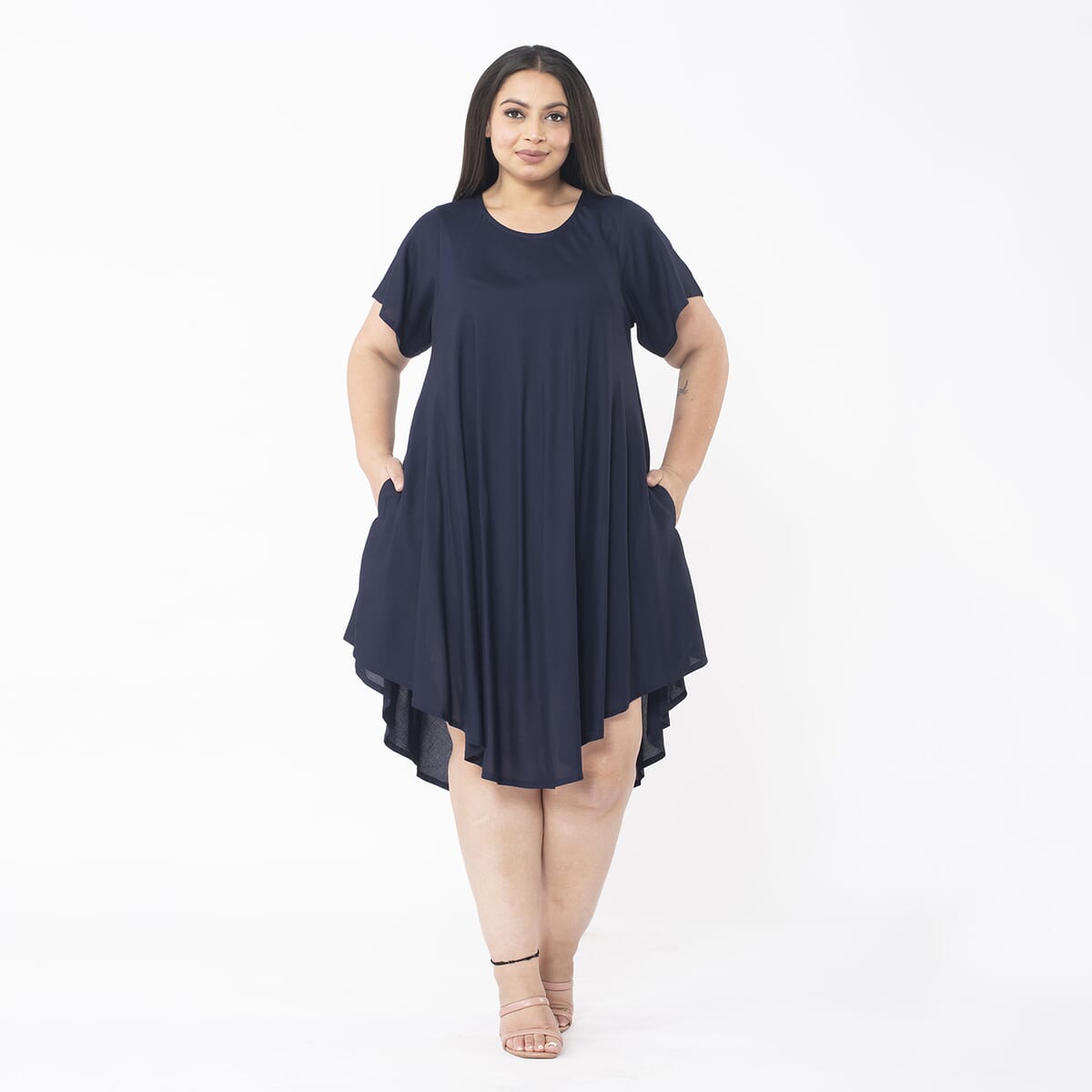 Tamsy Navy Blue Color 100% Rayon Dress with Short Sleeve, Machine Washable Relaxed Fit Solid Dress For Women - One Size Plus image number 3