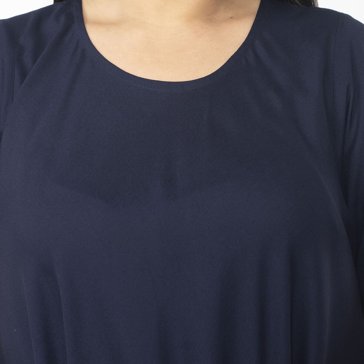 Tamsy Navy Blue Color 100% Rayon Dress with Short Sleeve, Machine Washable Relaxed Fit Solid Dress For Women - One Size Plus image number 4