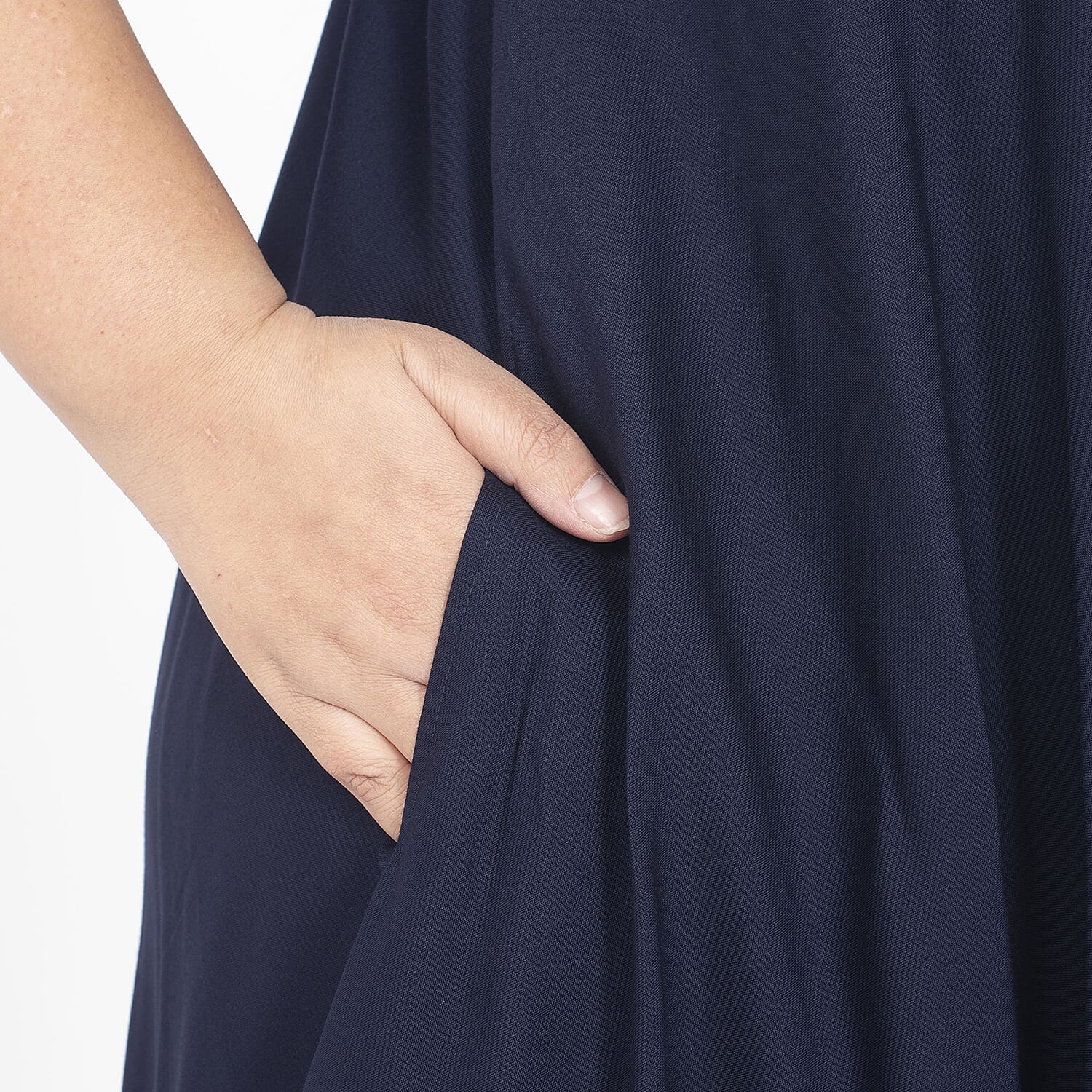 Tamsy Navy Blue Color 100% Rayon Dress with Short Sleeve, Machine Washable Relaxed Fit Solid Dress For Women - One Size Plus