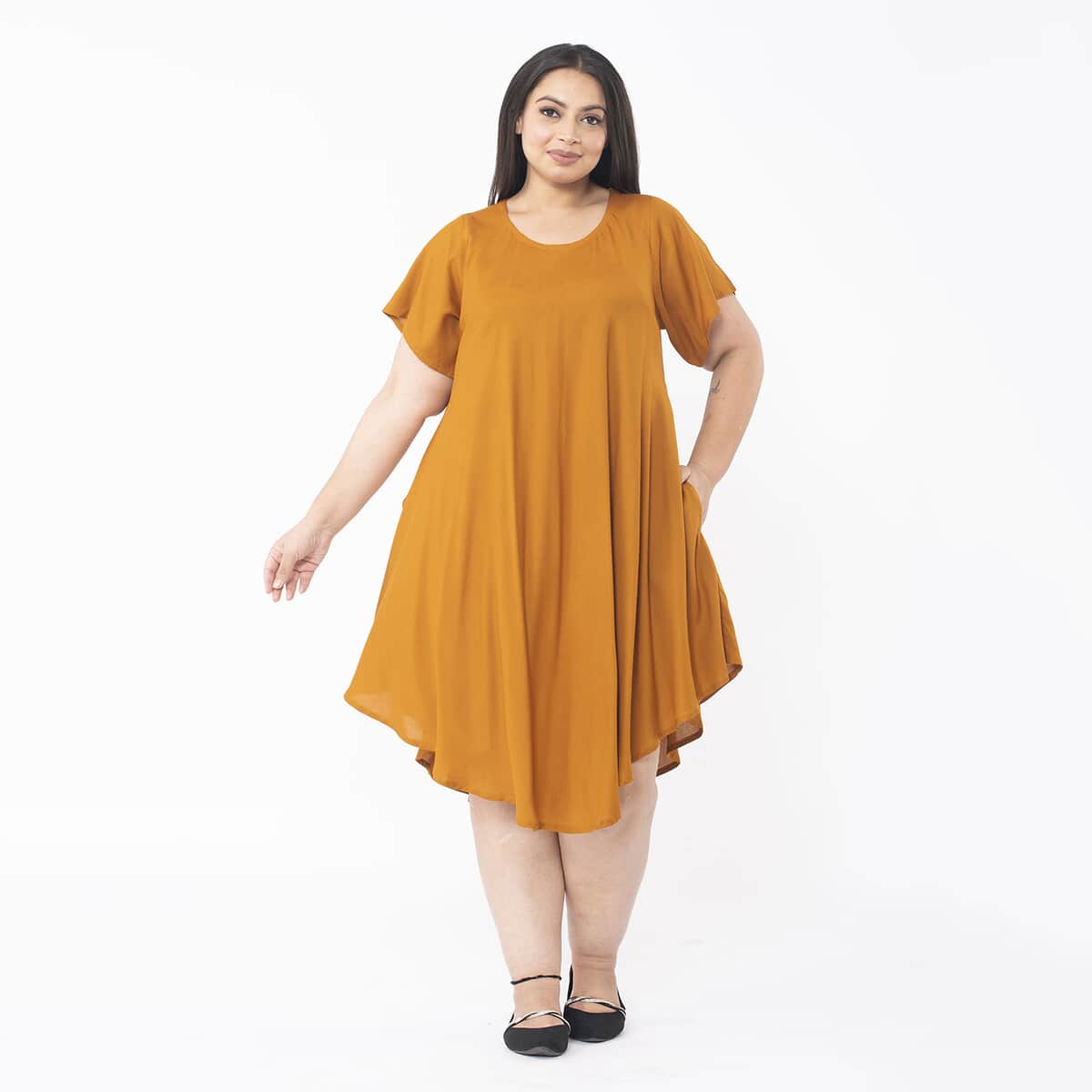 Tamsy Butterscotch Color 100% Rayon Dress with Short Sleeve, Machine Washable Relaxed Fit Solid Dress For Women - One Size Missy image number 0