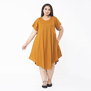Tamsy Butterscotch Color 100% Rayon Dress with Short Sleeve, Machine Washable Relaxed Fit Solid Dress For Women - One Size Missy