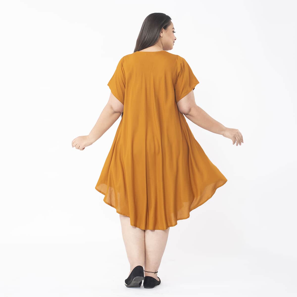 Tamsy Butterscotch Color 100% Rayon Dress with Short Sleeve, Machine Washable Relaxed Fit Solid Dress For Women - One Size Missy image number 1