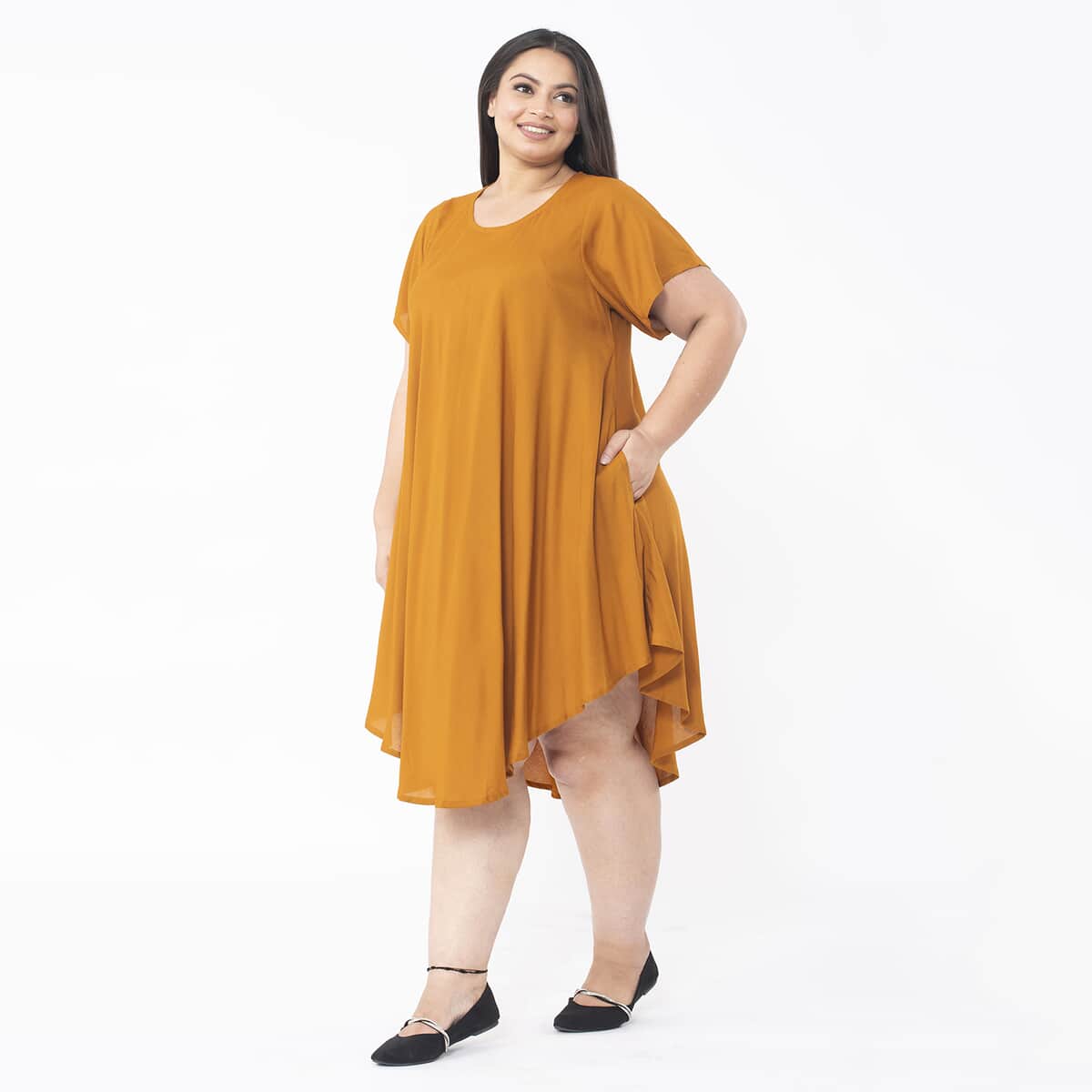 Tamsy Butterscotch Color 100% Rayon Dress with Short Sleeve, Machine Washable Relaxed Fit Solid Dress For Women - One Size Missy image number 2