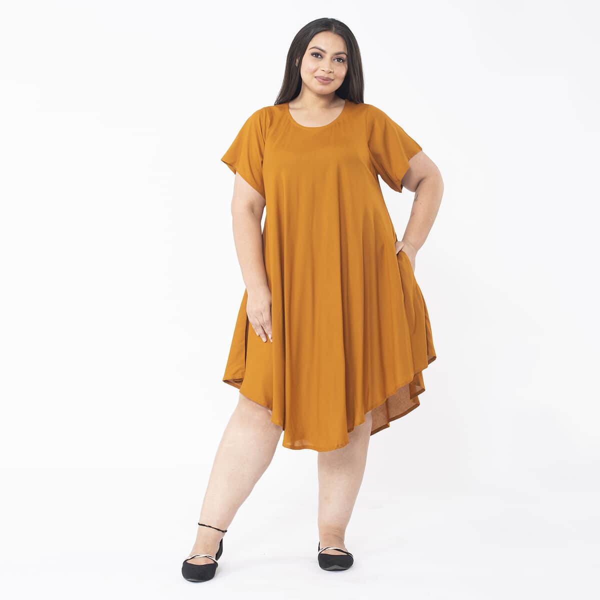 Tamsy Butterscotch Color 100% Rayon Dress with Short Sleeve, Machine Washable Relaxed Fit Solid Dress For Women - One Size Missy image number 3