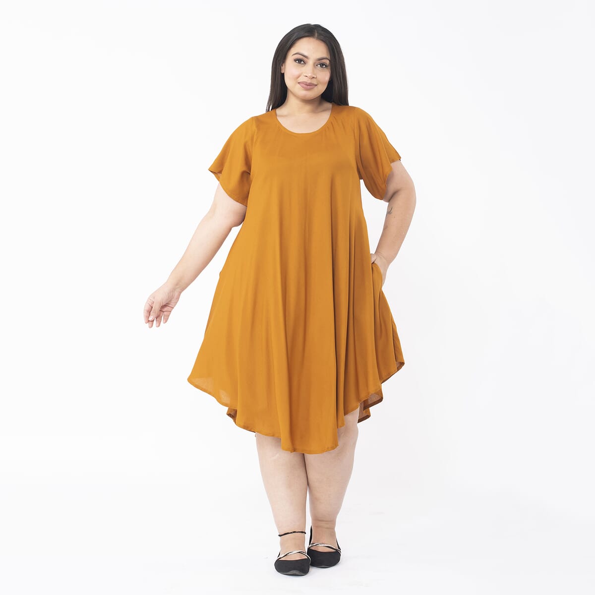 Tamsy Butterscotch Color 100% Rayon Dress with Short Sleeve, Machine Washable Relaxed Fit Solid Dress For Women - One Size Plus image number 0
