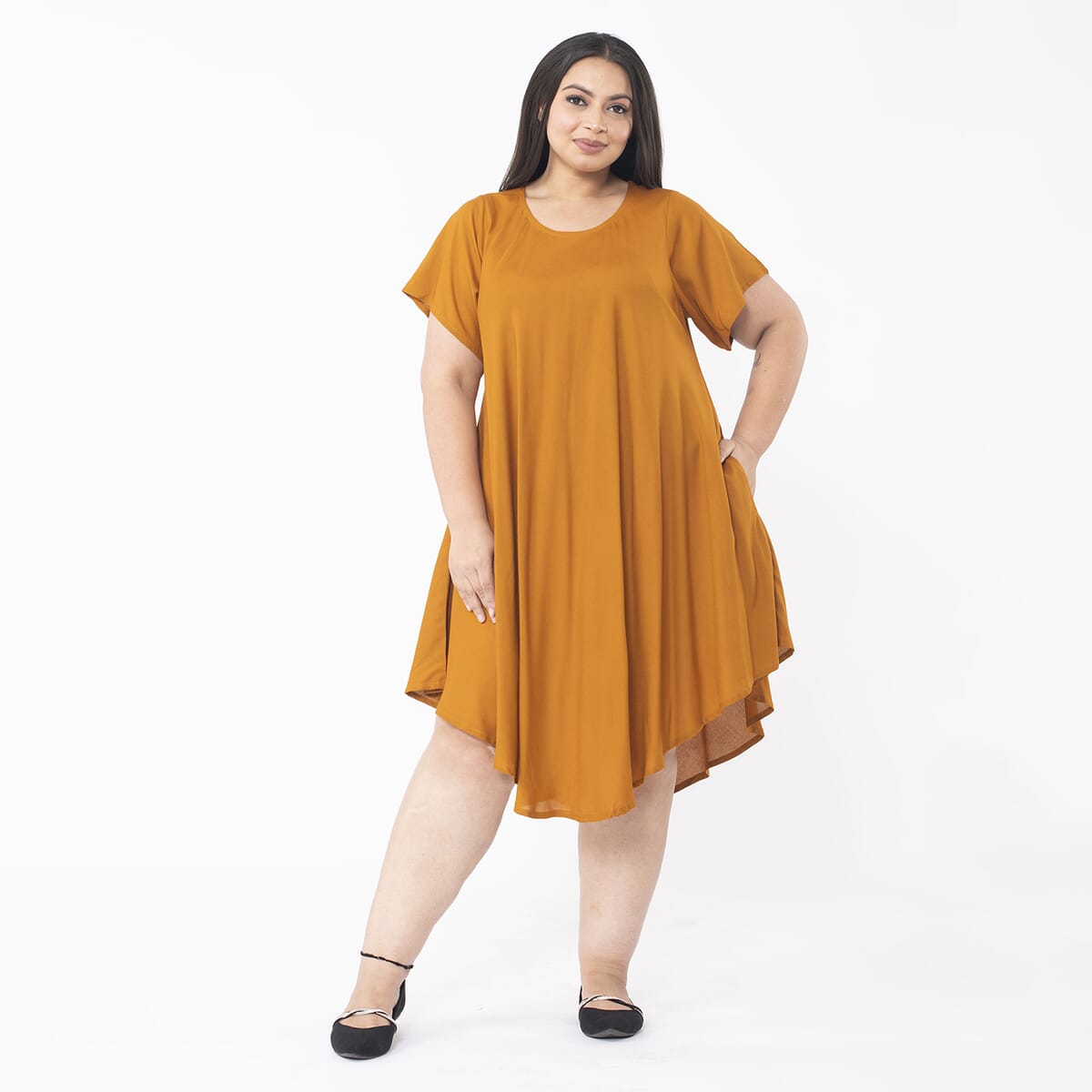 Tamsy Butterscotch Color 100% Rayon Dress with Short Sleeve, Machine Washable Relaxed Fit Solid Dress For Women - One Size Plus image number 3
