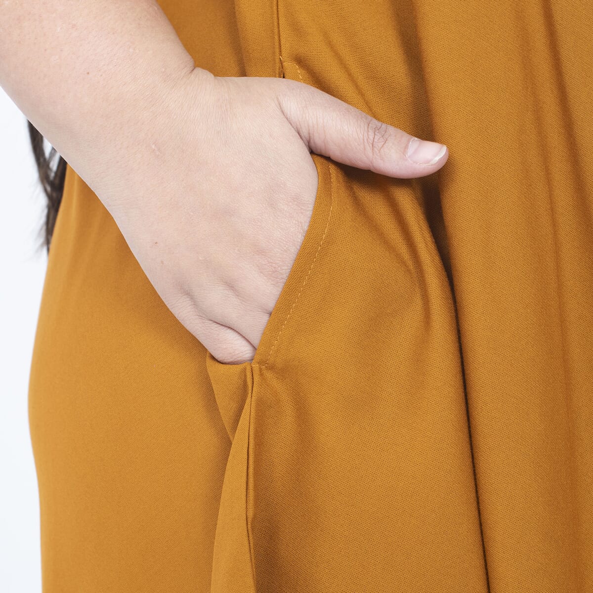 Tamsy Butterscotch Color 100% Rayon Dress with Short Sleeve, Machine Washable Relaxed Fit Solid Dress For Women - One Size Plus image number 5