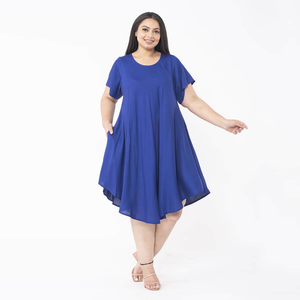 Tamsy Blue Color 100% Rayon Dress with Short Sleeve, Machine Washable Relaxed Fit Solid Dress For Women - One Size Missy image number 0