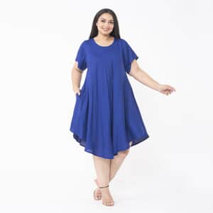 Tamsy Blue Color 100% Rayon Dress with Short Sleeve, Machine Washable Relaxed Fit Solid Dress For Women - One Size Missy