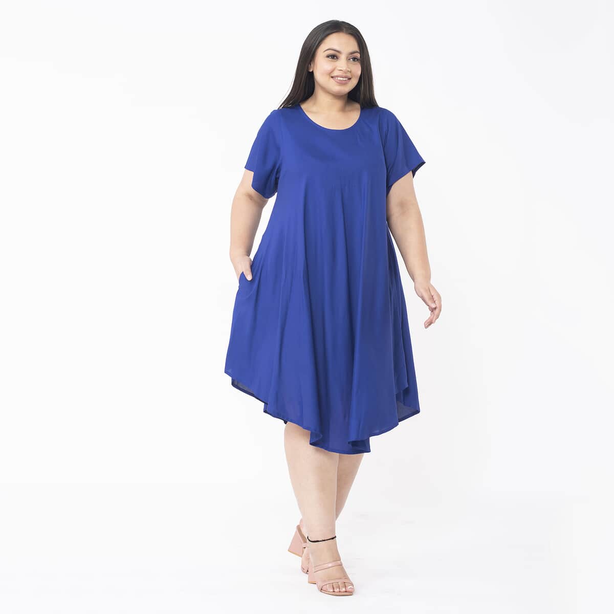 Tamsy Blue Color 100% Rayon Dress with Short Sleeve, Machine Washable Relaxed Fit Solid Dress For Women - One Size Missy image number 2