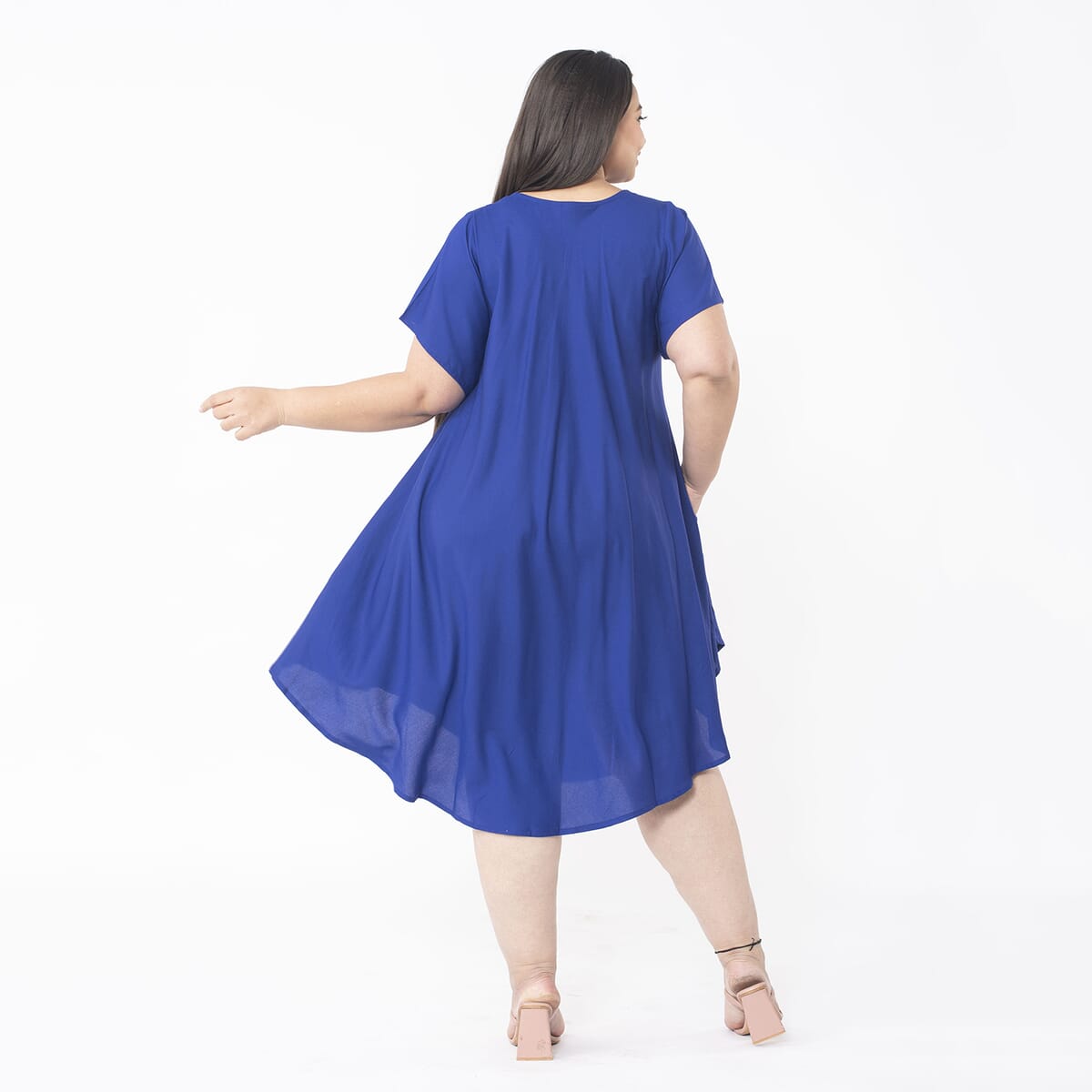 Tamsy Blue Color 100% Rayon Dress with Short Sleeve, Machine Washable Relaxed Fit Solid Dress For Women - One Size Plus image number 1
