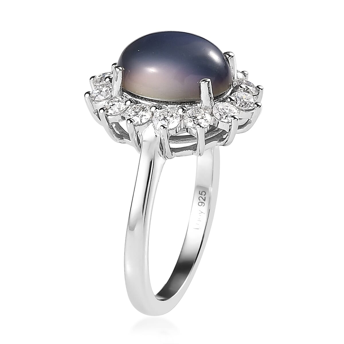 Aurora Moonstone, Moissanite Sunburst Ring in Platinum Over Sterling Silver (Size 10.0) 4.75 ctw
