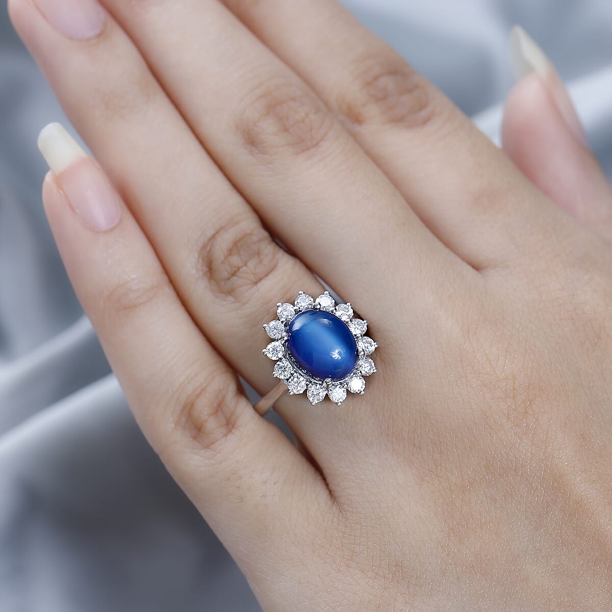 Aurora Moonstone, Moissanite Sunburst Ring in Platinum Over Sterling Silver (Size 6.0) 4.75 ctw image number 3