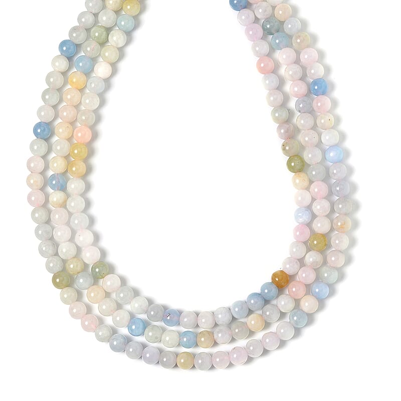 Pink Morganite, Aquamarine, Heliodor Beaded 3 Row Necklace 18-20 Inches in Rhodium Over Sterling Silver, Multi Strand Necklace 252.20 ctw