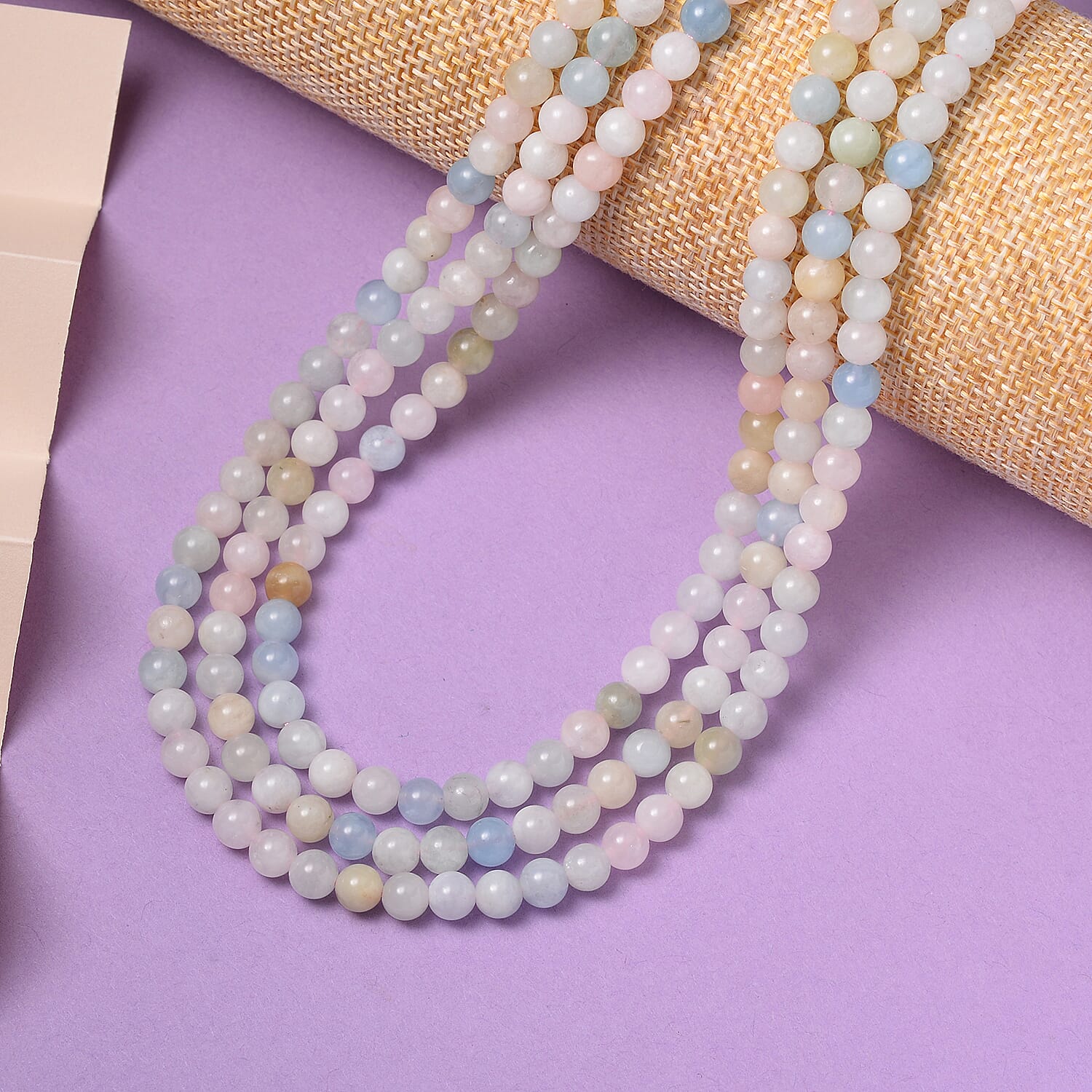 Pink Morganite, Aquamarine, Heliodor Beaded 3 Row Necklace 18-20 Inches in Rhodium Over Sterling Silver, Multi Strand Necklace 252.20 ctw