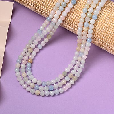 Pink Morganite, Aquamarine, Heliodor Beaded 3 Row Necklace 18-20 Inches in Rhodium Over Sterling Silver, Multi Strand Necklace 252.20 ctw