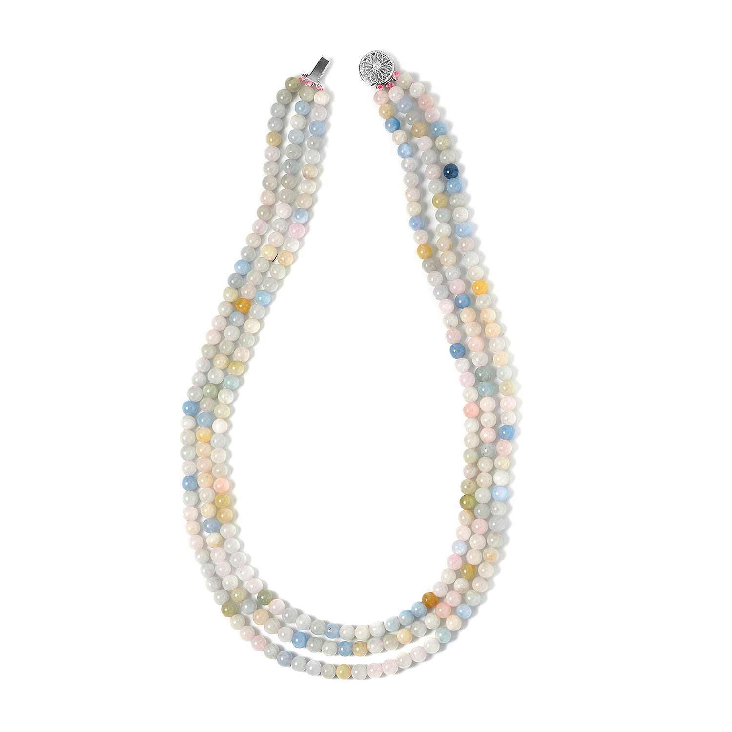 Pink Morganite, Aquamarine, Heliodor Beaded 3 Row Necklace 18-20 Inches in Rhodium Over Sterling Silver, Multi Strand Necklace 252.20 ctw