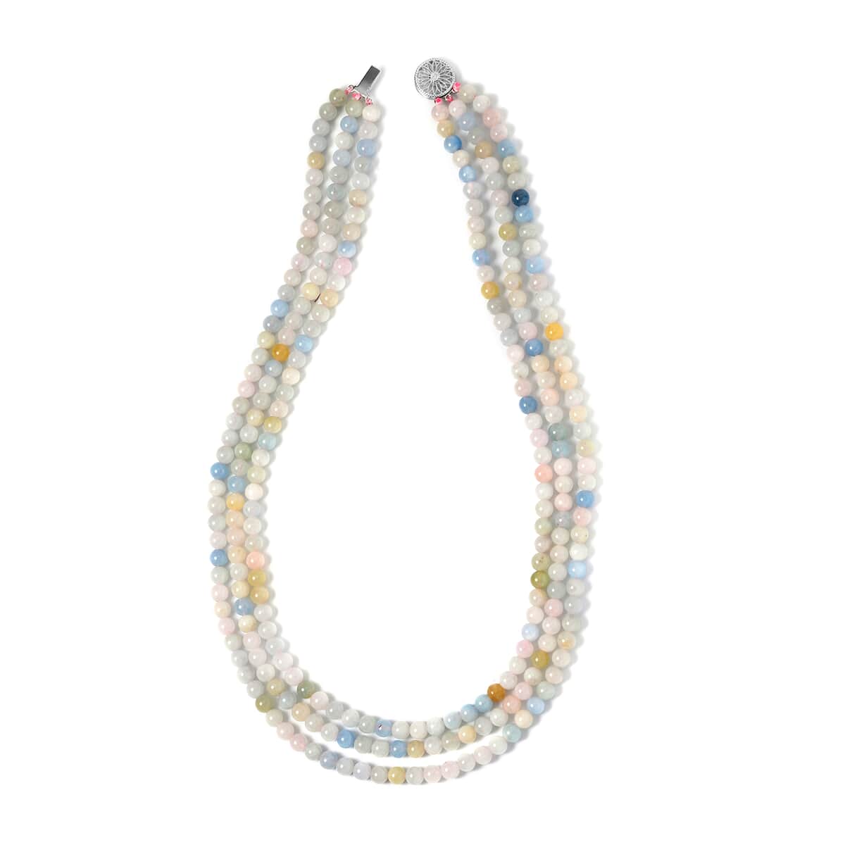 Pink Morganite, Aquamarine, Heliodor Beaded 3 Row Necklace 18-20 Inches in Rhodium Over Sterling Silver 252.20 ctw image number 2