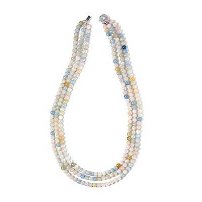 Pink Morganite, Aquamarine, Heliodor Beaded 3 Row Necklace 18-20 Inches in Rhodium Over Sterling Silver, Multi Strand Necklace 252.20 ctw